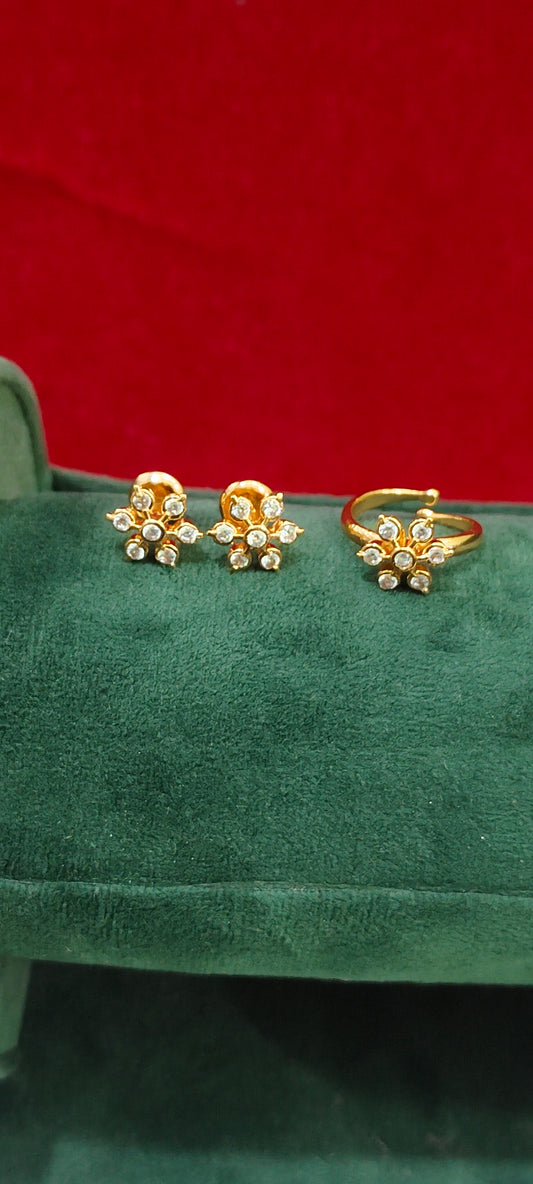 Pure panchaloham diamond look studs with diamond look adjustable finger ring combo