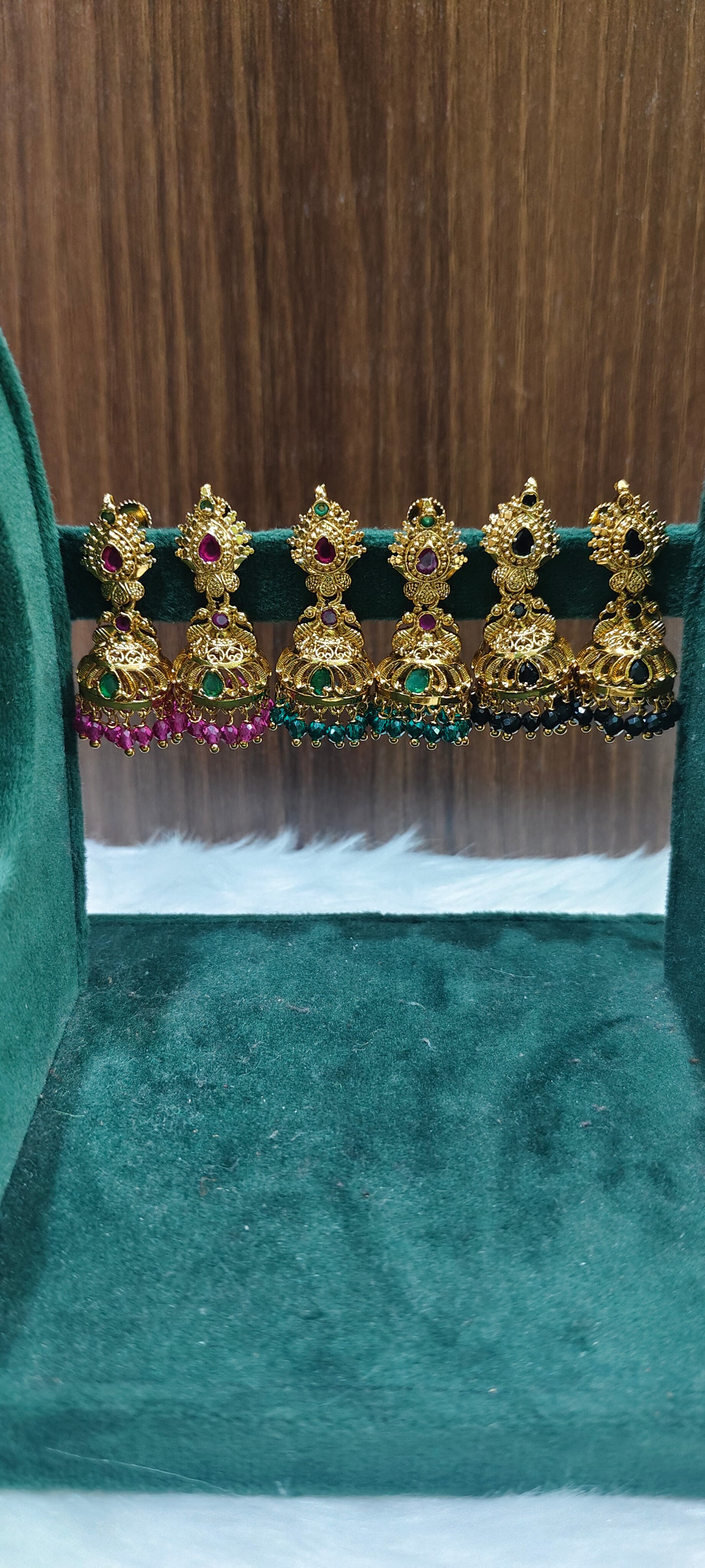 Cute antique finish 3 pair jumkas (pink, black,green)