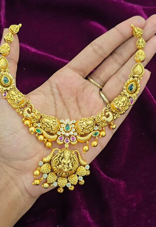 High premium nakshi 3d embossed real gold look necklace set