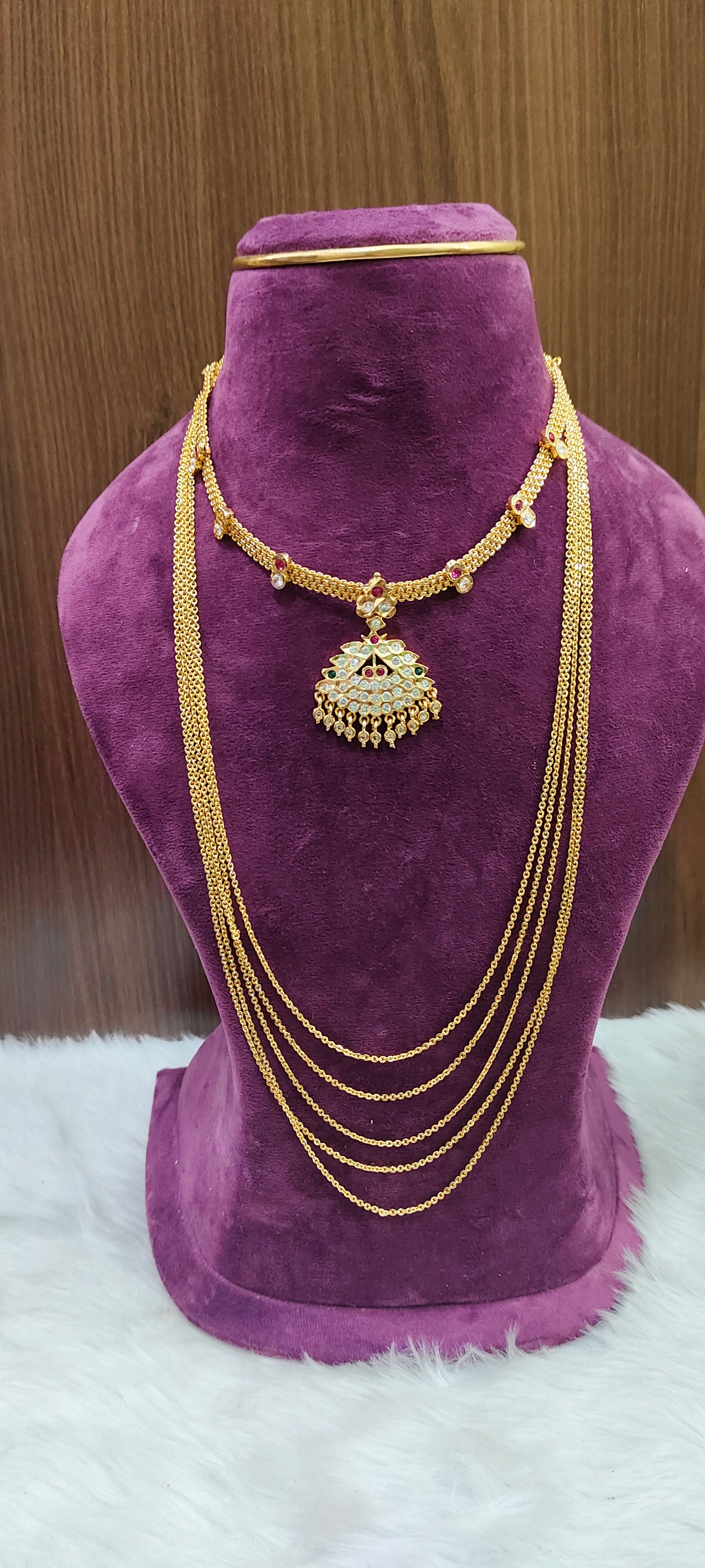 Pure panchaloham Jigini necklace and micro gold plated 28" length step Chandraharam combo