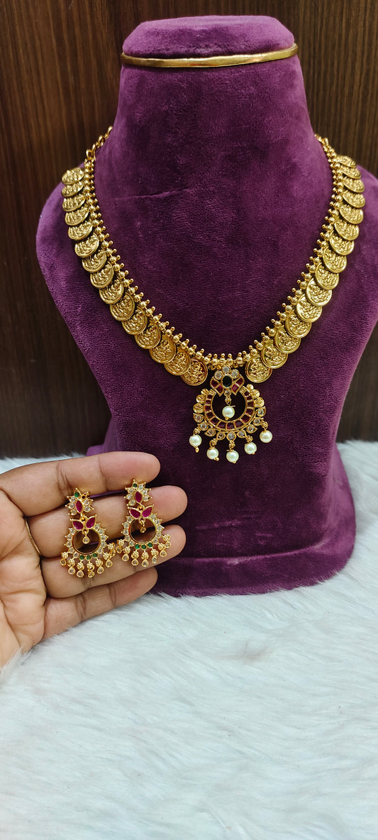 Premium gold look kasu necklace with chand bali earrings