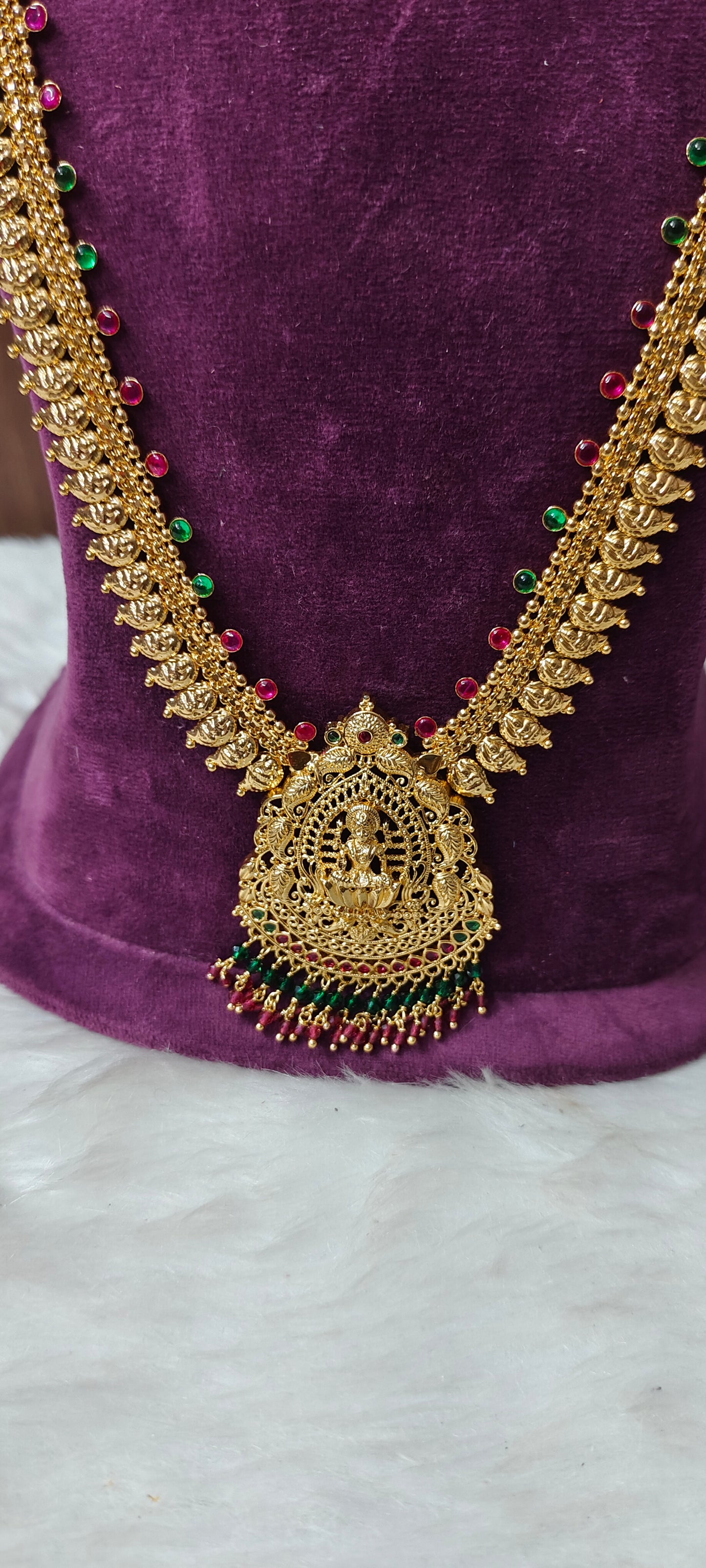 Premium micro gold plated 30" long haram with Lakshmi Devi pendant