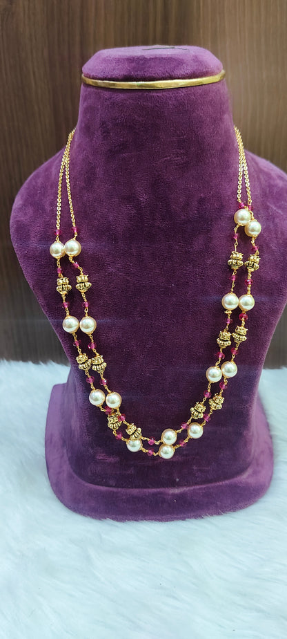 Premium nakshi 2 line Swarovski pearl and nakshi beads 18" length chain