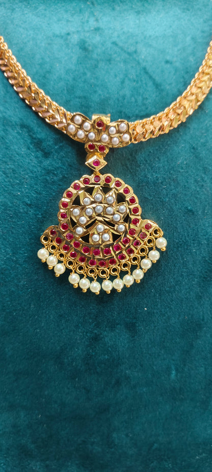 Pure panchaloham ruby and pearl nanupatti necklace