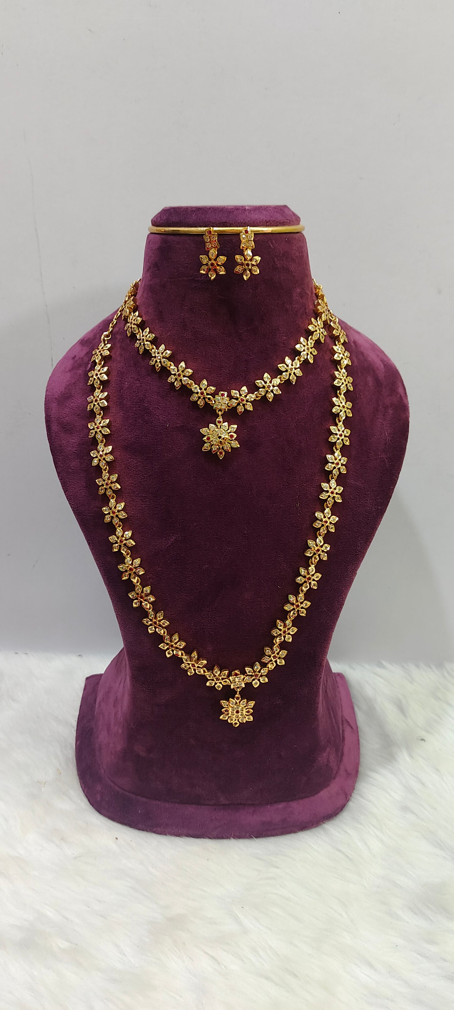 Pure panchaloham trendy necklace and long haram combo set with push back earrings