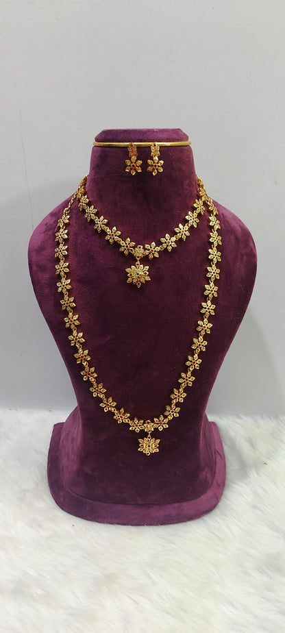 Pure panchaloham trendy necklace and long haram combo set with push back earrings