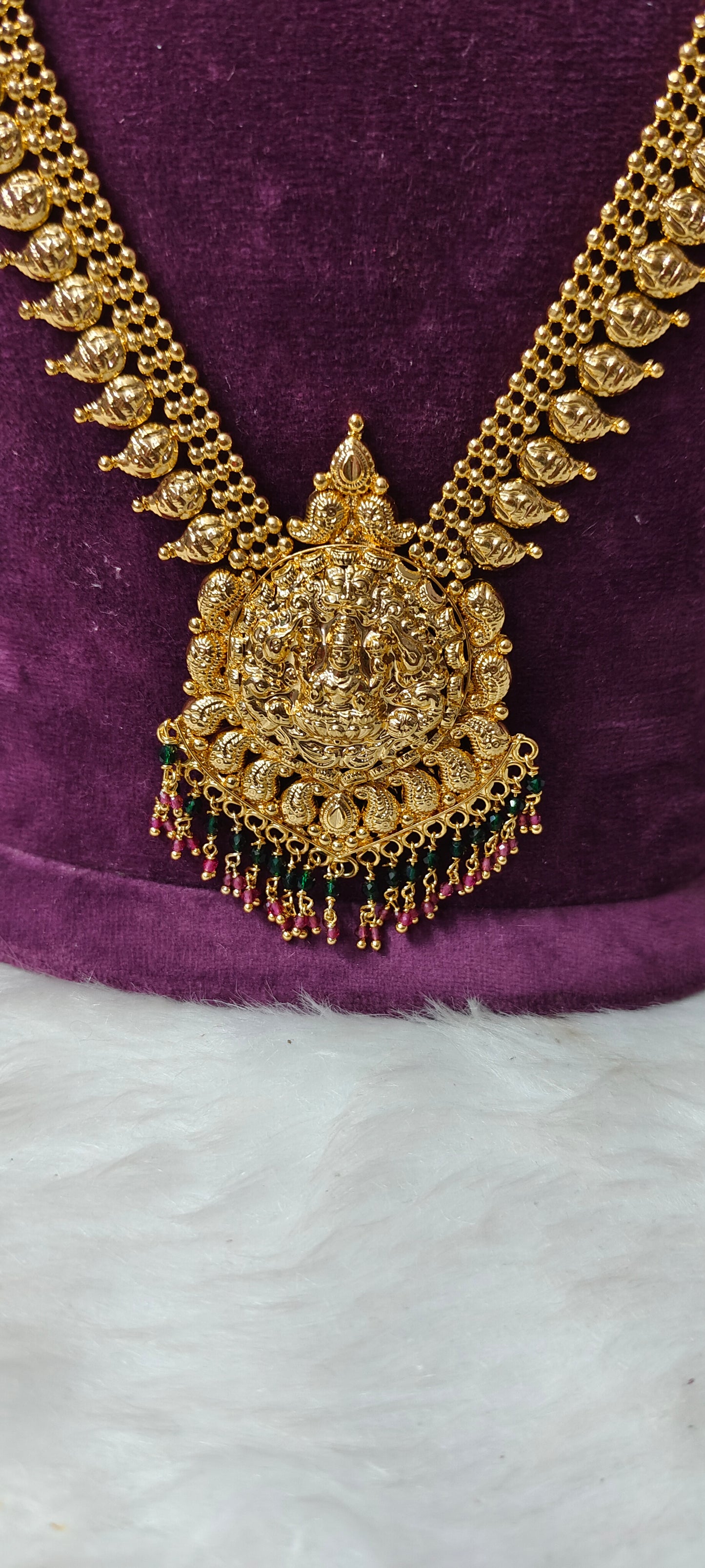 Premium micro gold mangol long haram with Lakshmi Devi pendant