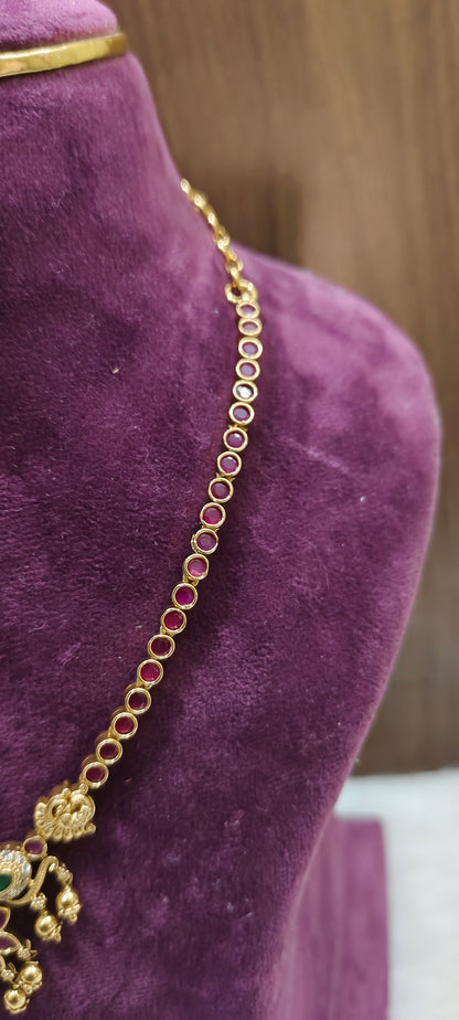 Premium nakshi simple gold look ruby necklace set