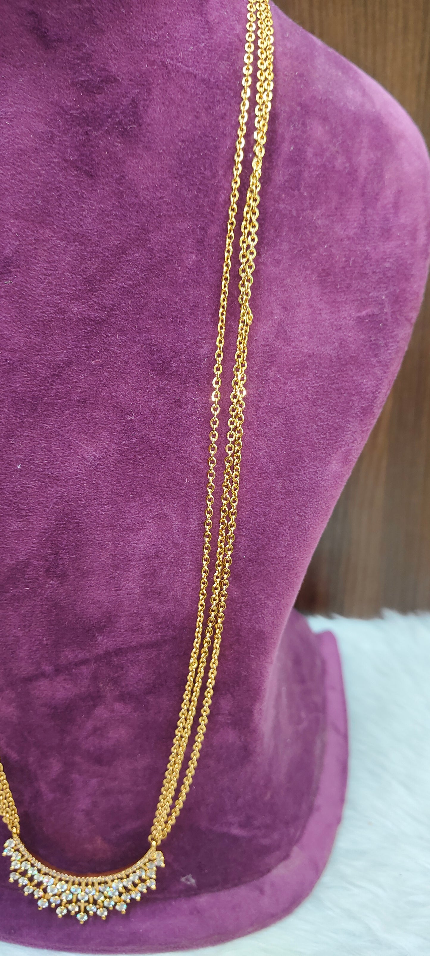 Premium gold look 3 line 30" length chandraharam with Trendy stone pendant