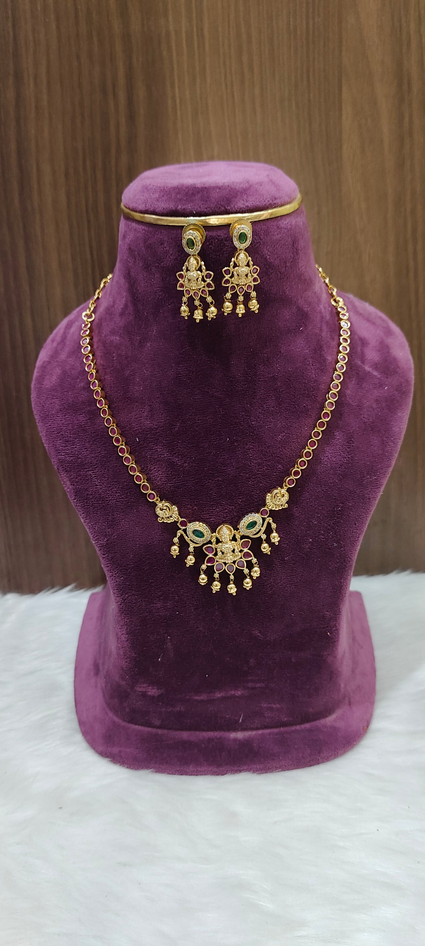 Premium nakshi simple gold look ruby necklace set
