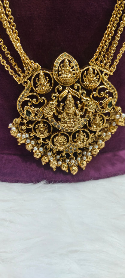 Premium nakshi 30" length 5 line chandraharam with ashtalakshmi pendant and earrings