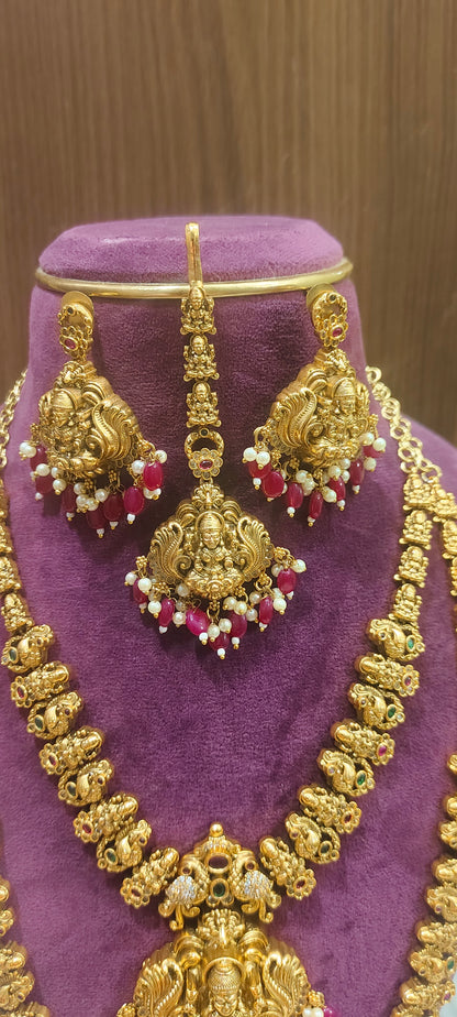Premium nakshi necklace , long haram, earringsand  mangtika bridel combo set