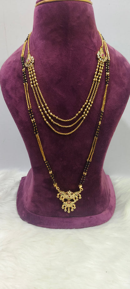 Premium nakshi 3 step necklace with 28" length black beads combo