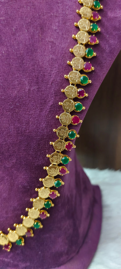 Premium micro gold long haram cum vaddanam with ruby green stone