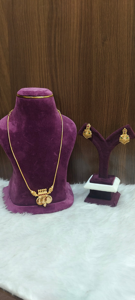 Premium micro gold plated18" Lakshmi Devi kasu chain and earrings combo