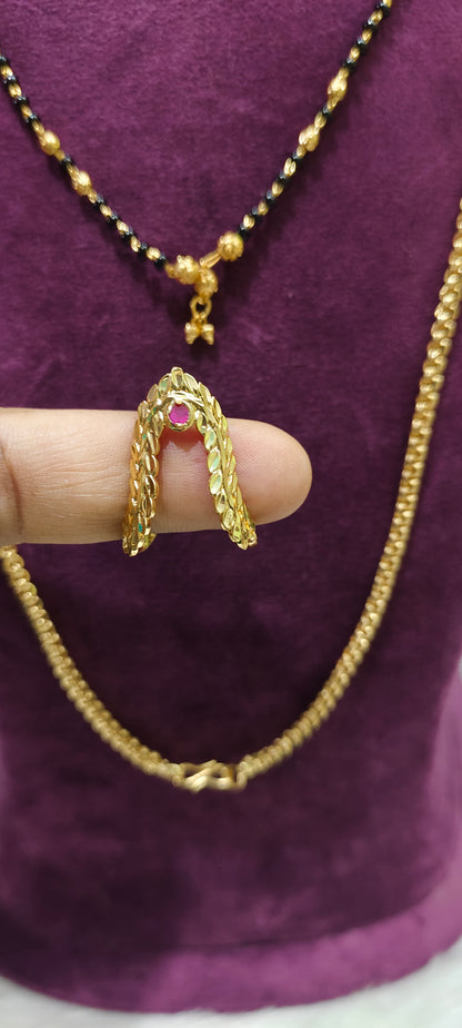 Premium micro gold plated 3 set combo (26" bharati model thali chain,18" black beads,vanki ring)