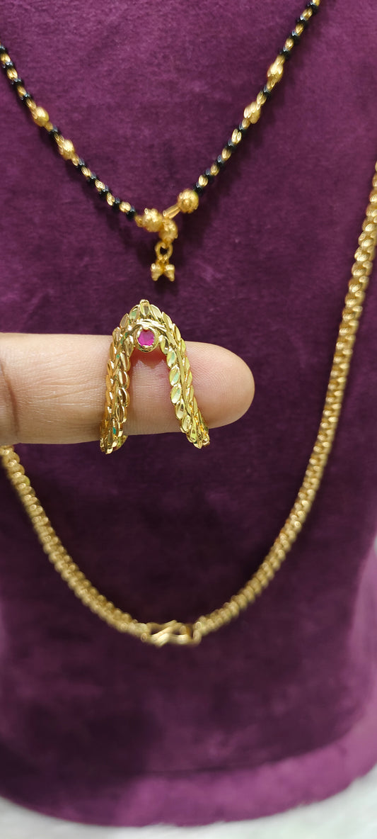 Premium micro gold plated 3 set combo (26" bharati model thali chain,18" black beads,vanki ring)