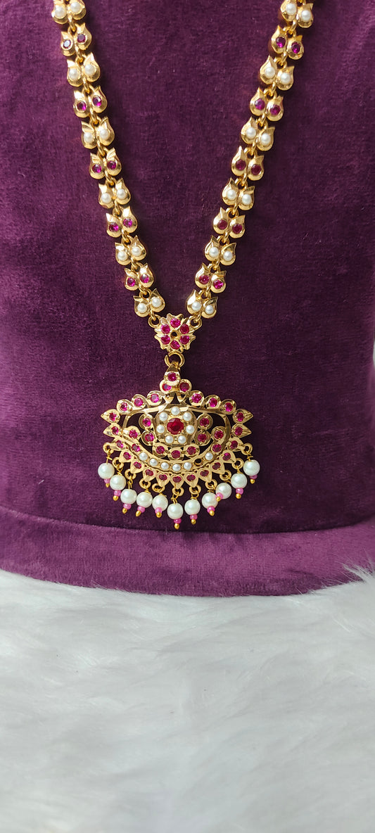 Pure panchaloham vintage ruby and pearl long haram