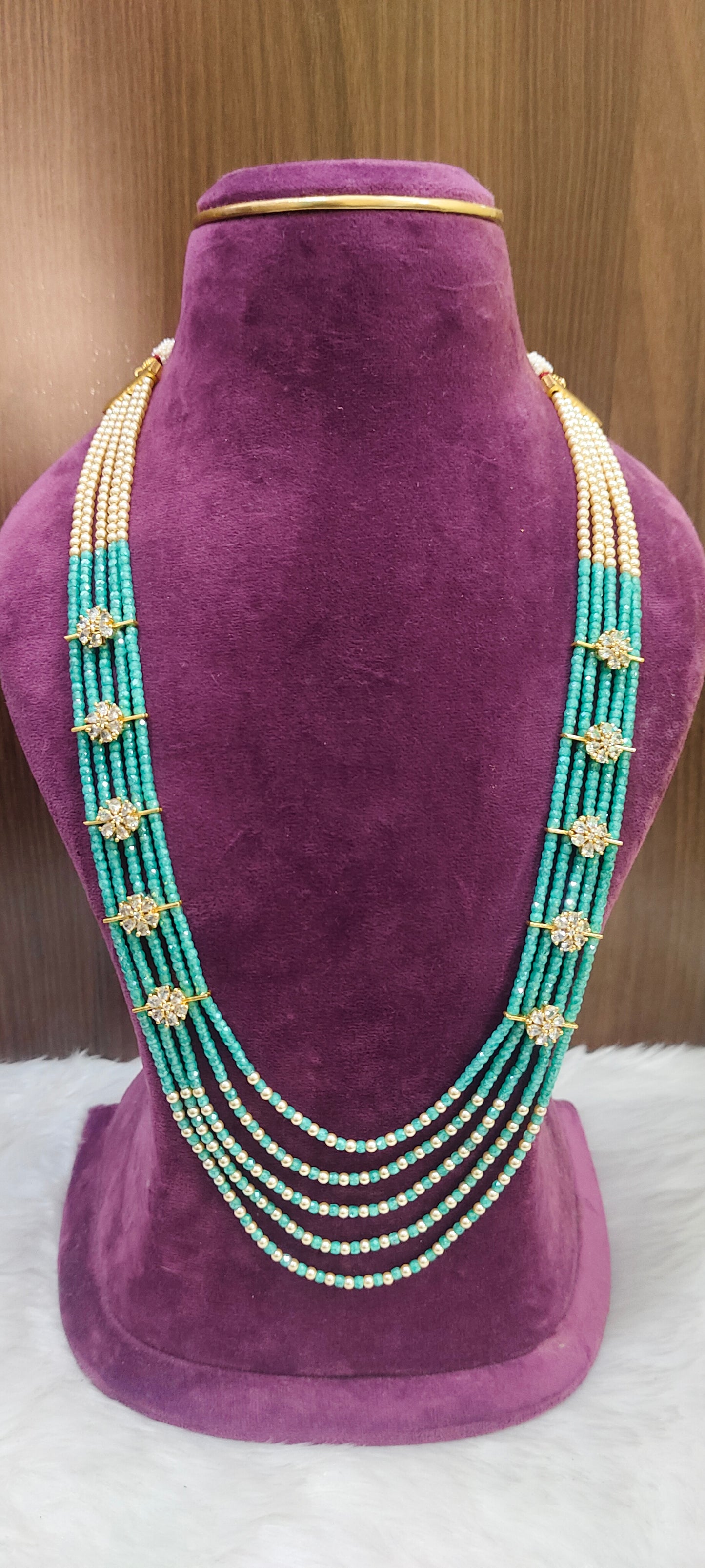 Premium celebrity look cz beads and Swarovski pearl step chain with 28" length