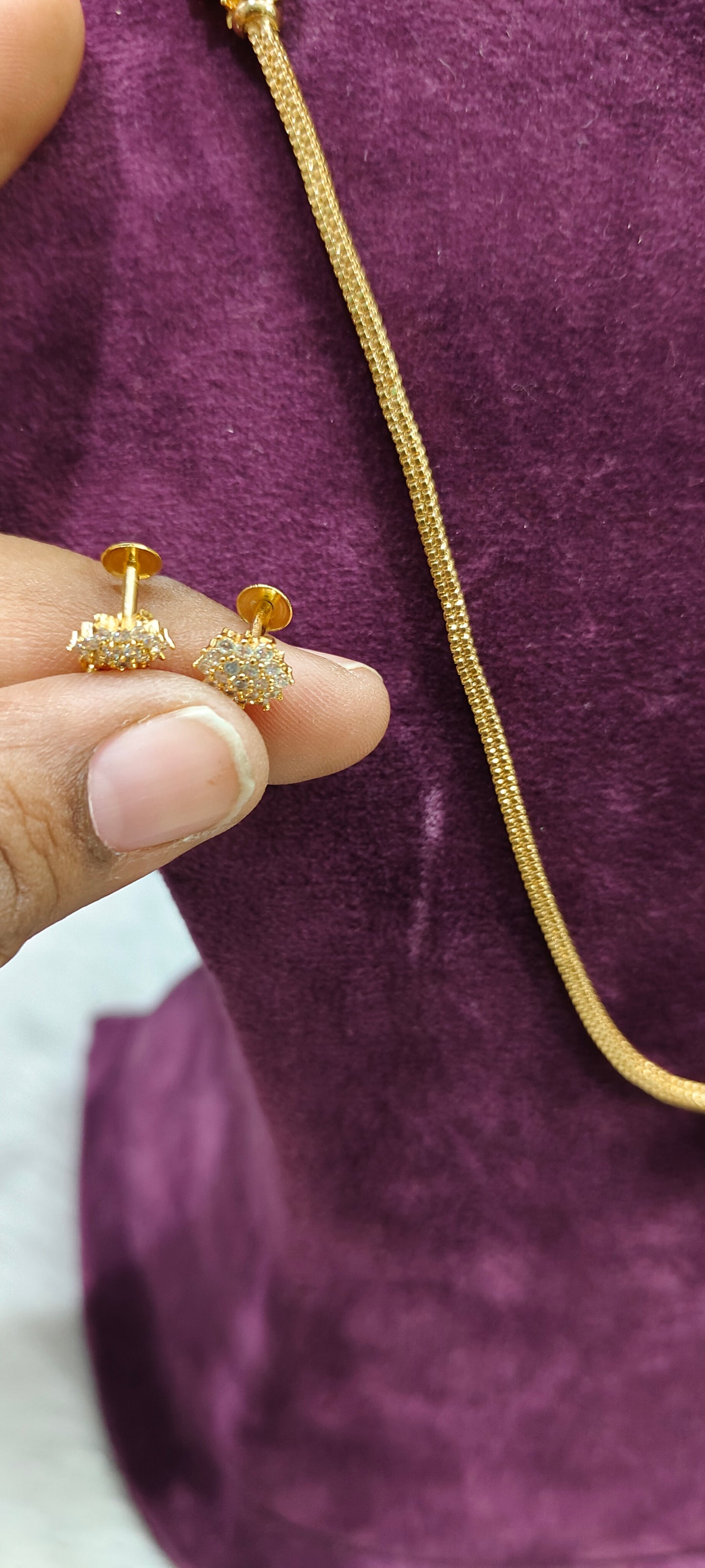 Premium diamond look pendant 24" length Thali chain with earrings