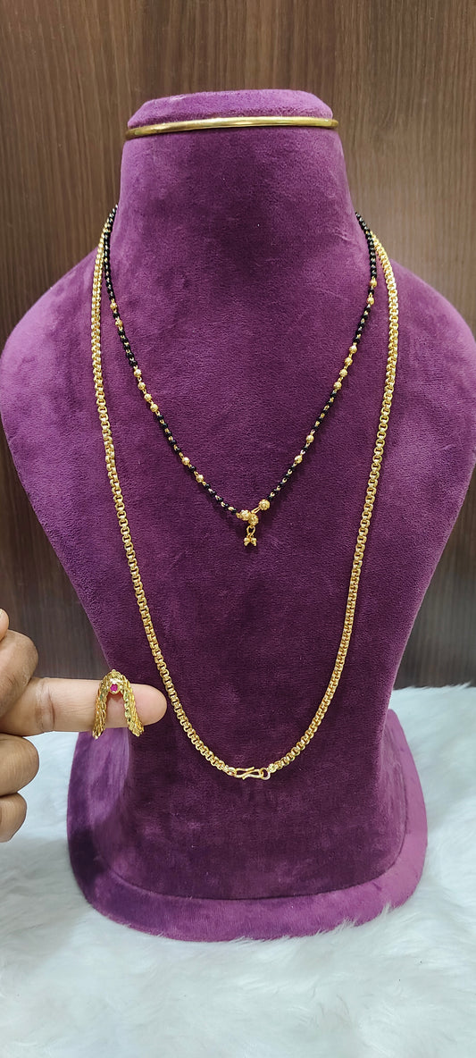 Premium micro gold plated 3 set combo (26" bharati model thali chain,18" black beads,vanki ring)