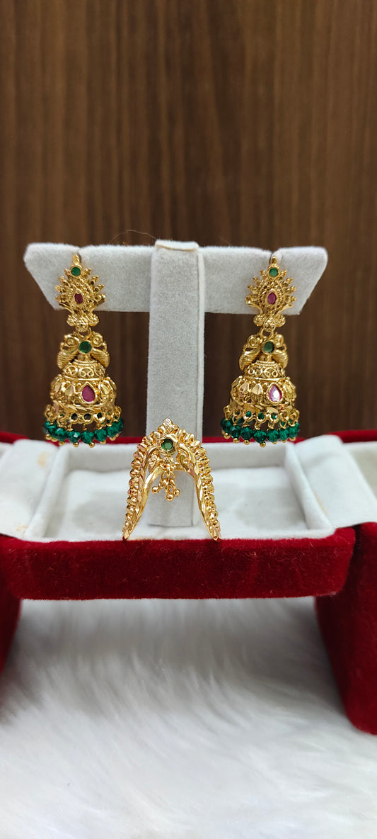 Stunning gold look jumkas and vanki ring combo