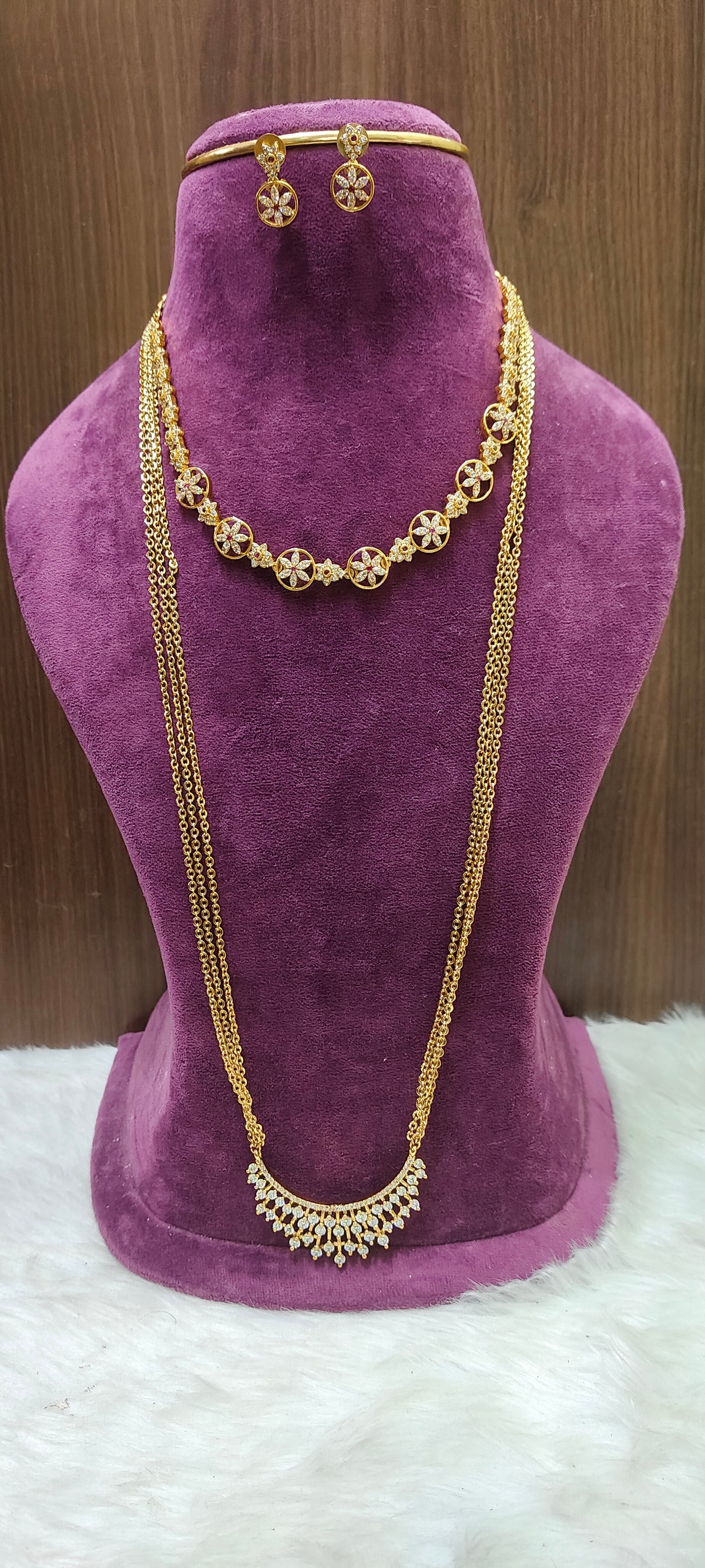 Premium simple necklace set and 30"length 3 line chandraharam combo