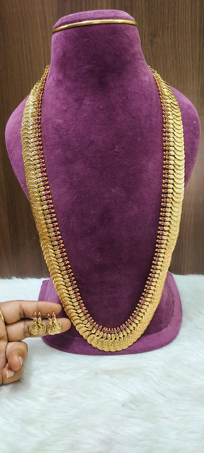 High premium nakshi kasu 32"length ruby kasu long haram cum vaddanam with earstuds