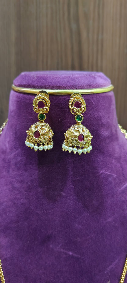 Premium nakshi 28" length pendant chain and jumkas