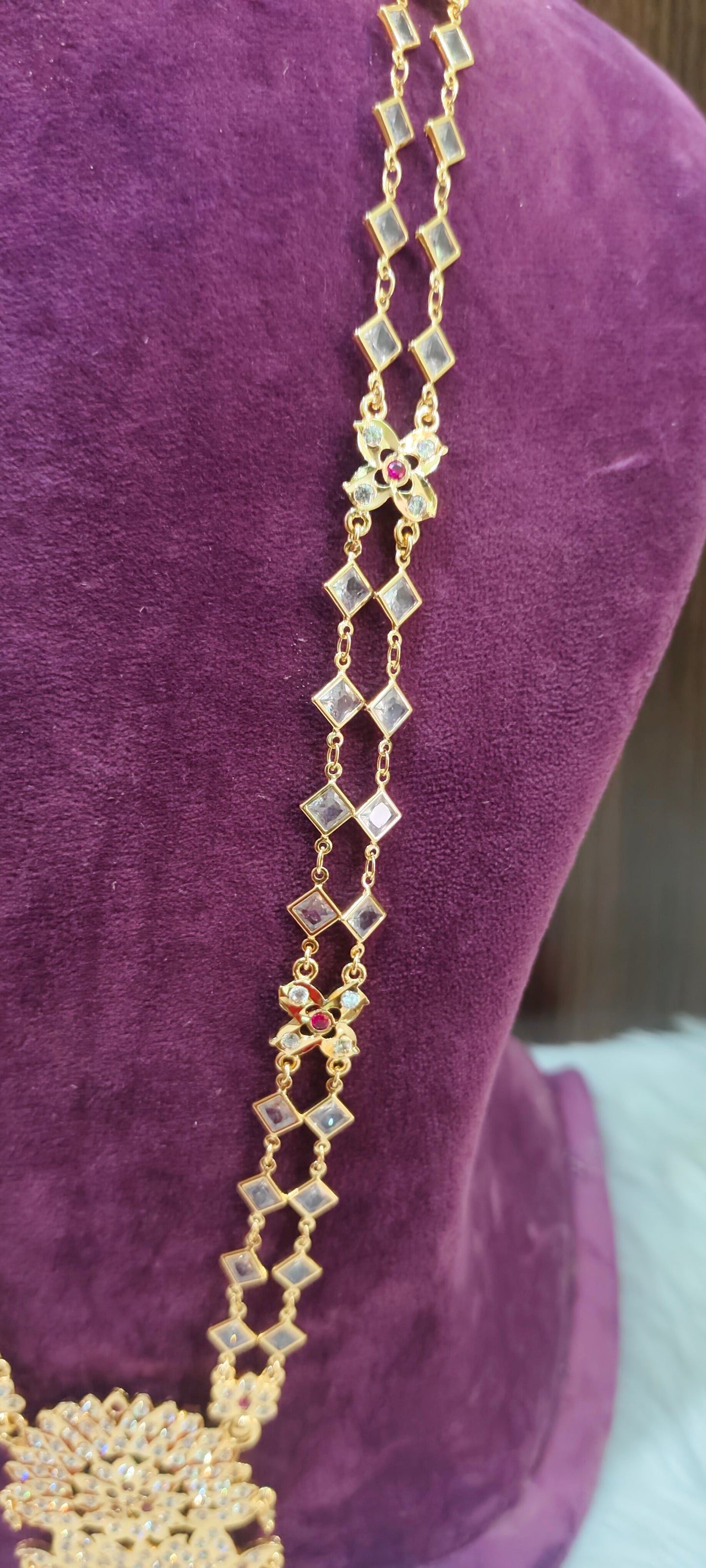 Pure panchaloham polki stone daimond shape chain long haram