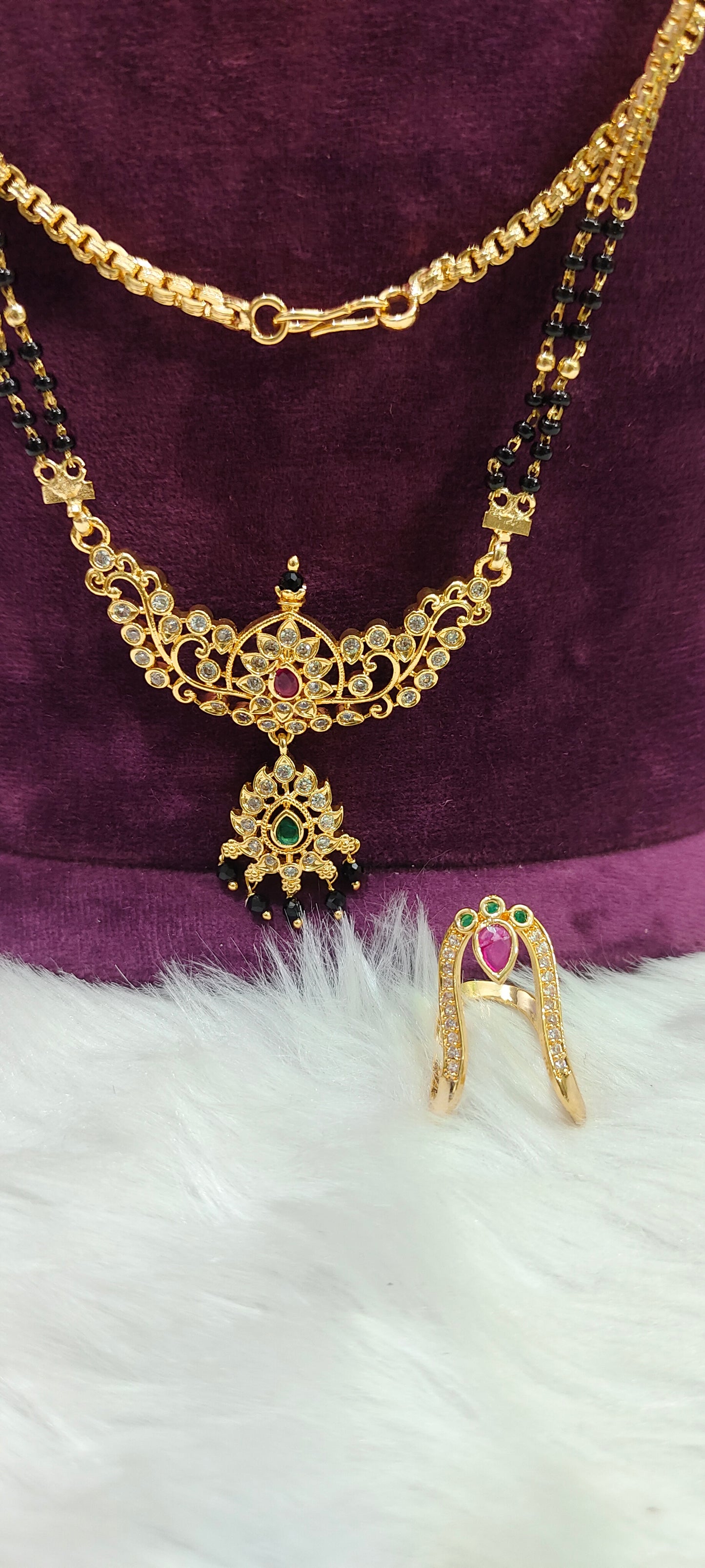 Premium micro gold plated 3 set combo (26" length Thali chain 28" length long black hair with vanki ring )