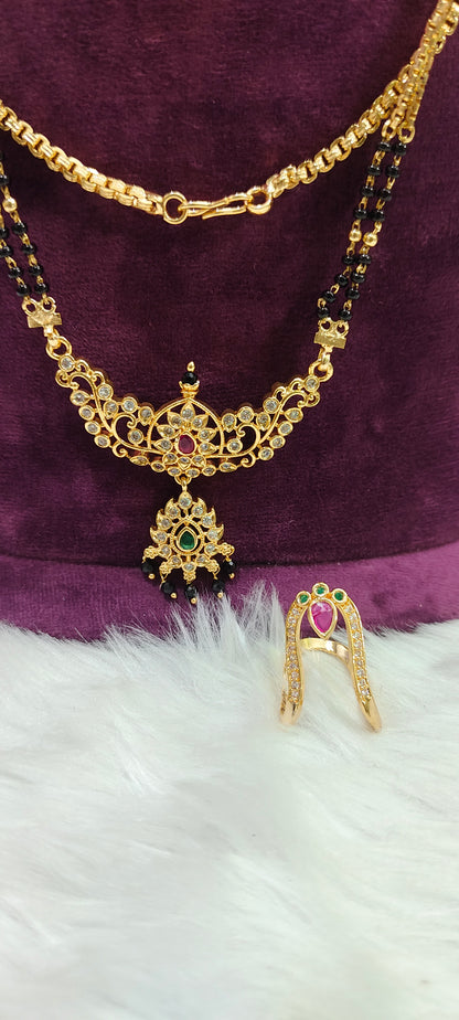 Premium micro gold plated 3 set combo (26" length Thali chain 28" length long black hair with vanki ring )
