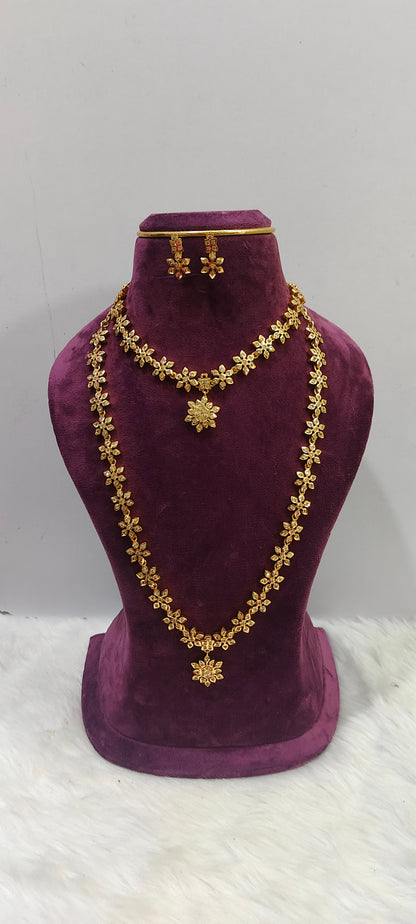 Pure panchaloham trendy necklace and long haram combo set with push back earrings
