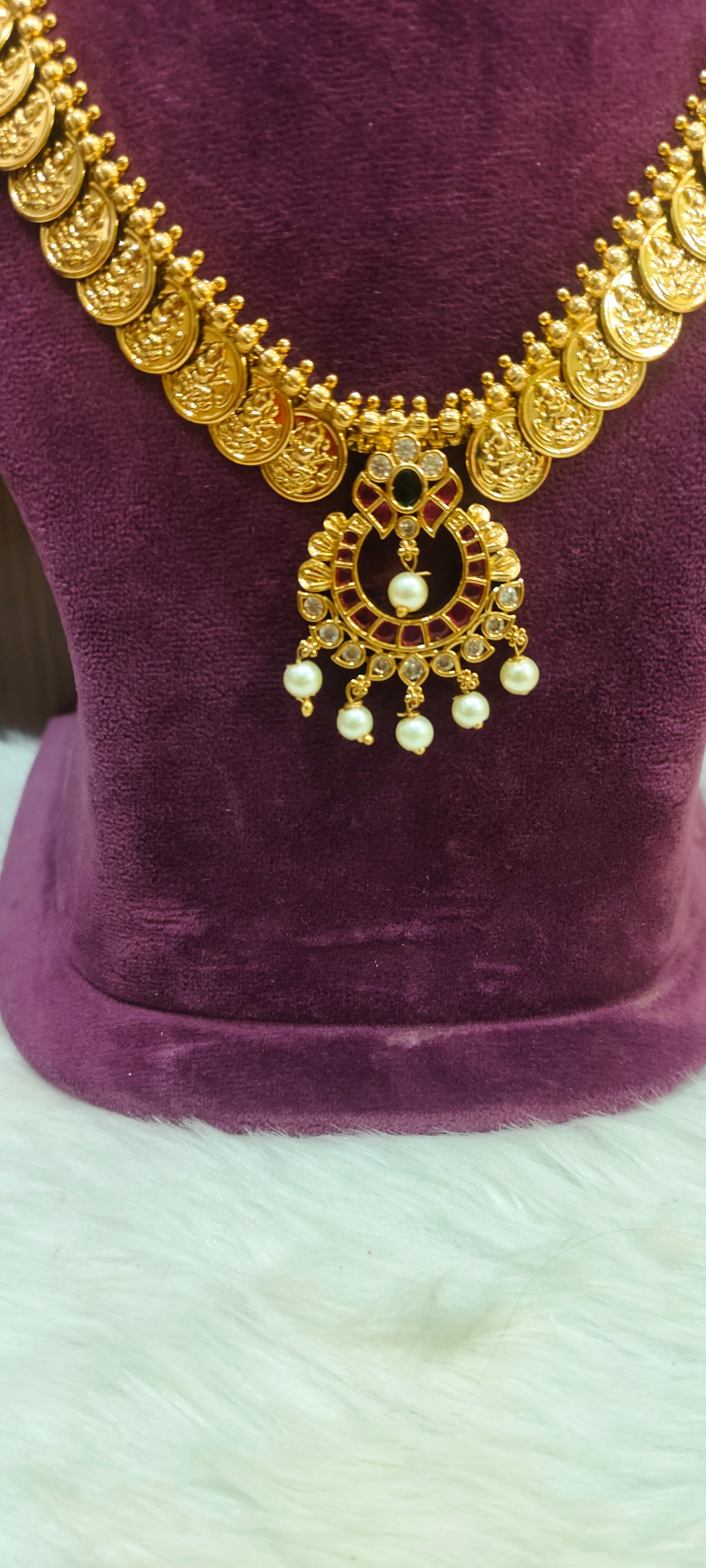 Premium gold look kasu necklace with chand bali earrings