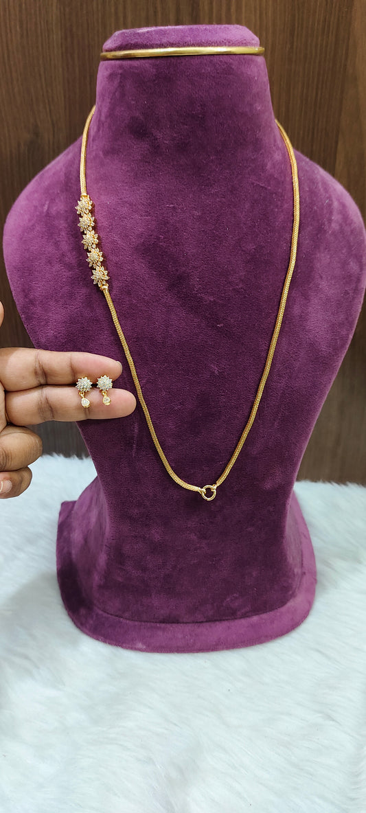 Premium diamond look pendant 24" length Thali chain with earrings