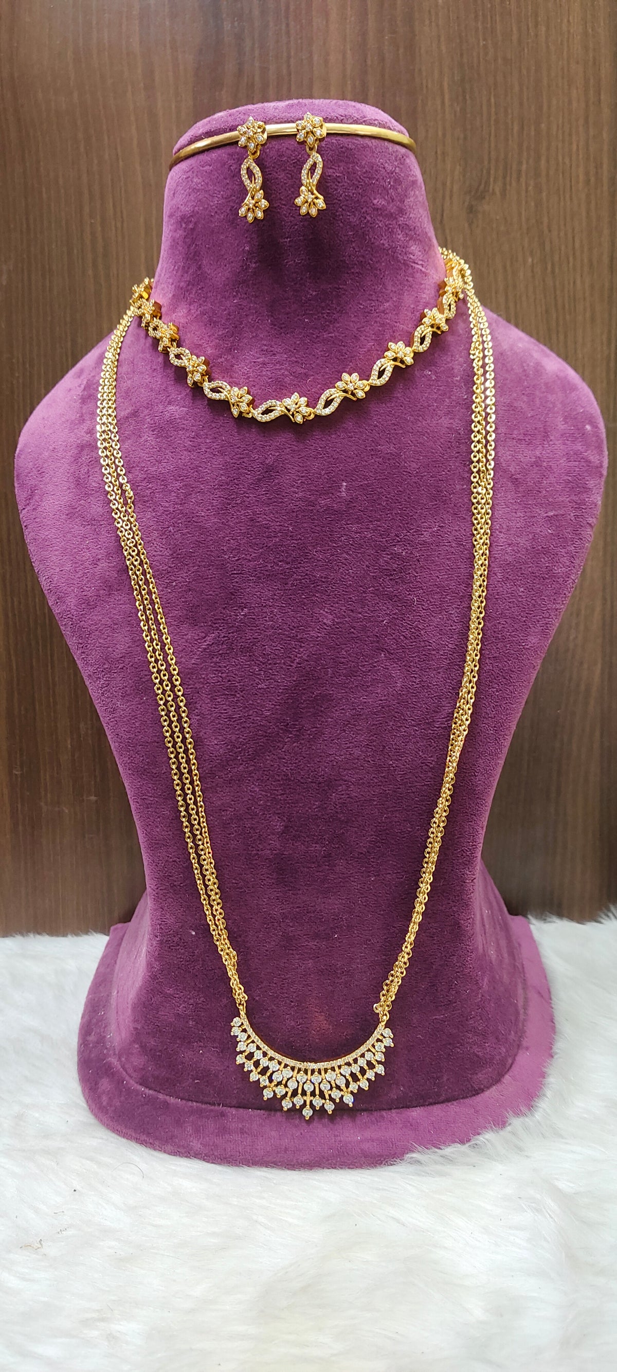 Premium simple necklace set and 30"length 3 line chandraharam combo
