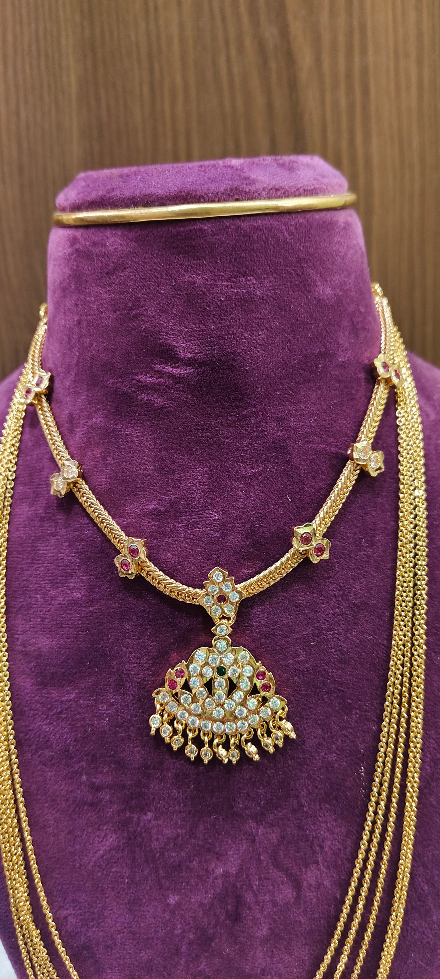 Pure panchaloham Jigini necklace and micro gold plated 28" length step Chandraharam combo