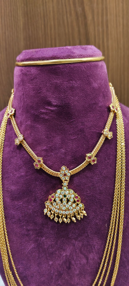 Pure panchaloham Jigini necklace and micro gold plated 28" length step Chandraharam combo