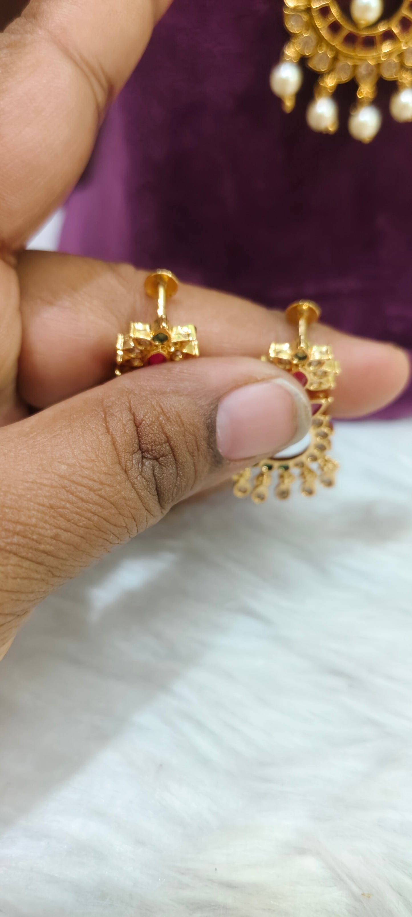 Premium gold look kasu necklace with chand bali earrings