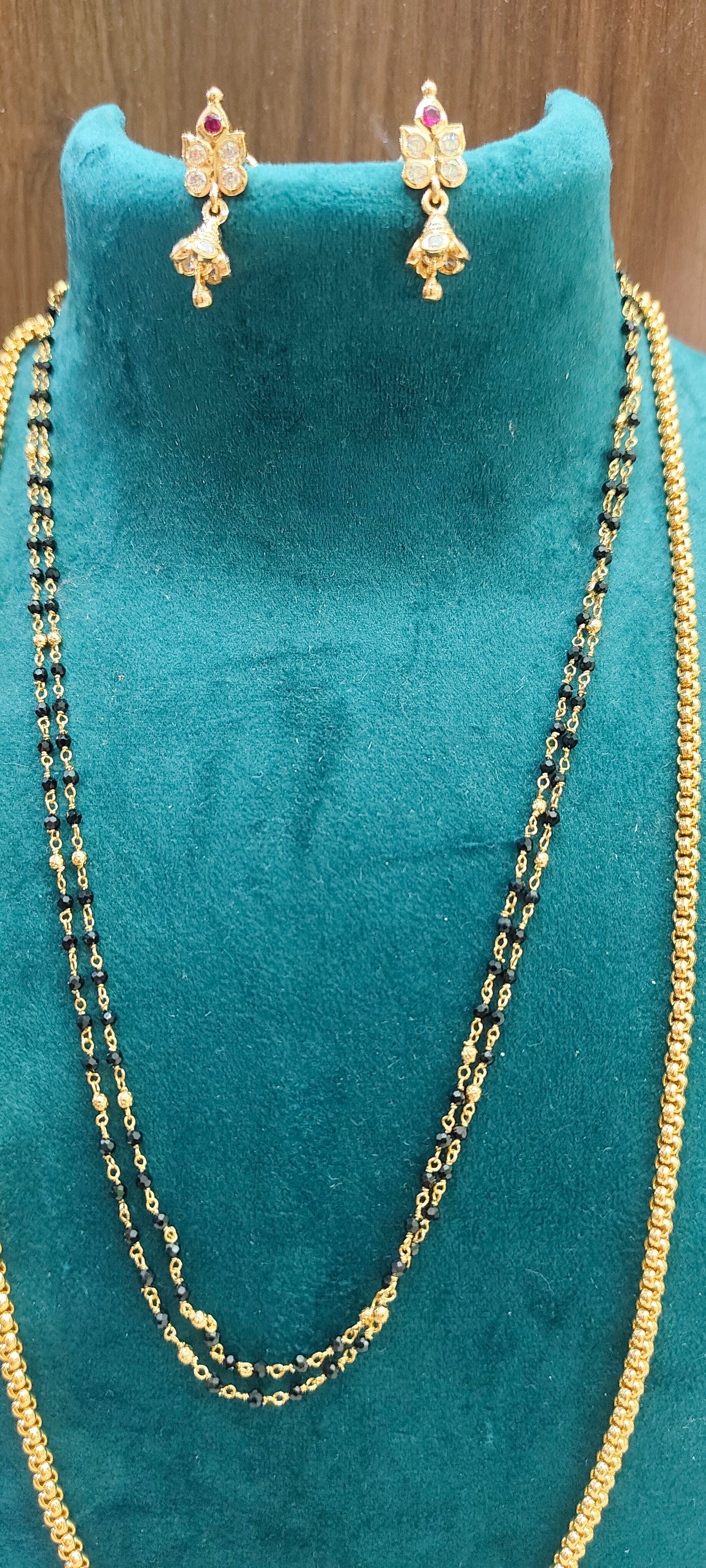 Premium micro gold plated daily wear 5 set combo (26" length thali chain,vanki ring, 4bangles, panchaloham earrings,18" length black beads)