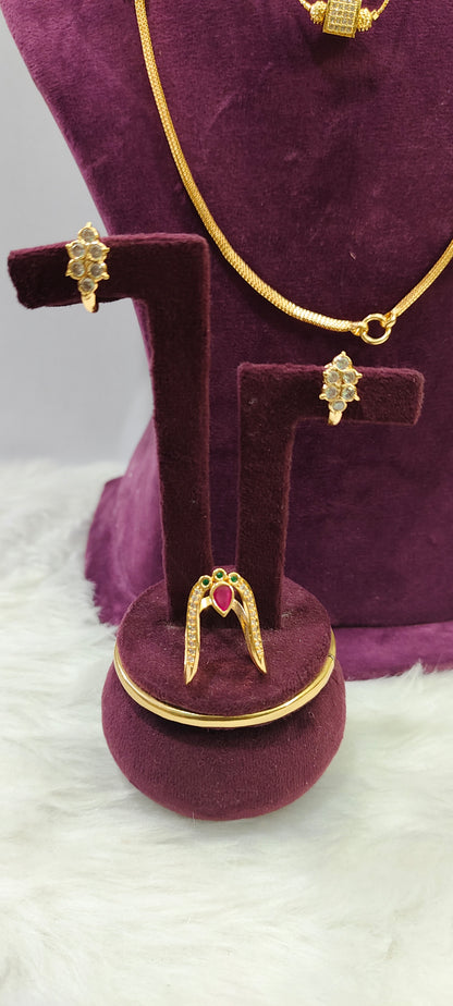 Premium micro gold plated 4 set combo (thali chain, short black beads vanki ring panchaloham earrings)