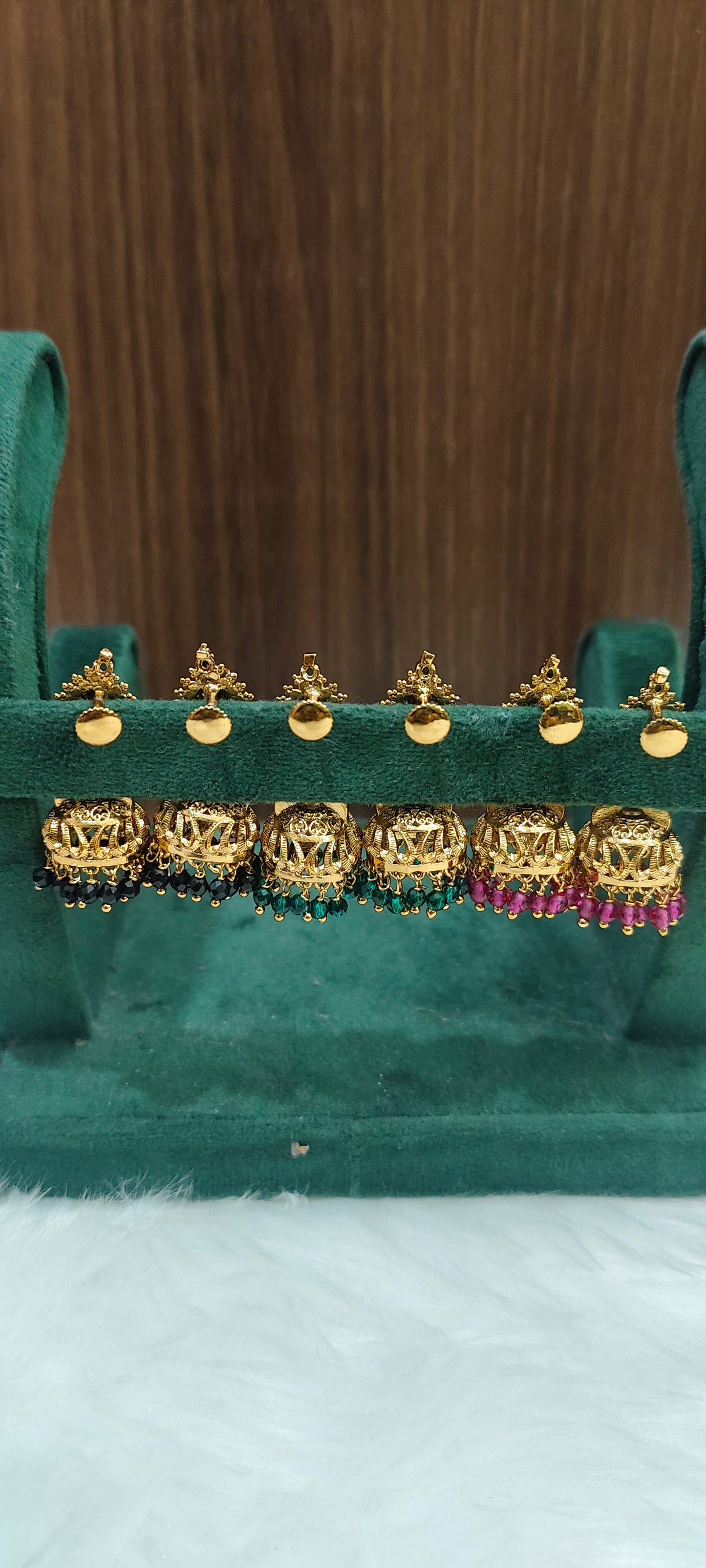 Cute antique finish 3 pair jumkas (pink, black,green)
