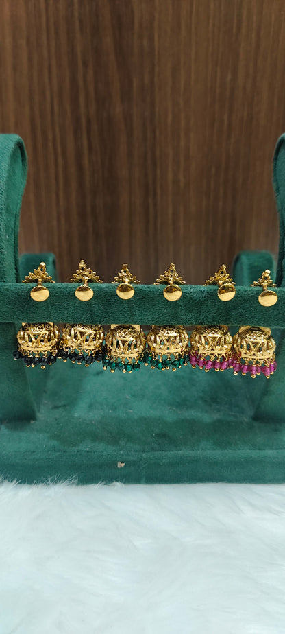 Cute antique finish 3 pair jumkas (pink, black,green)