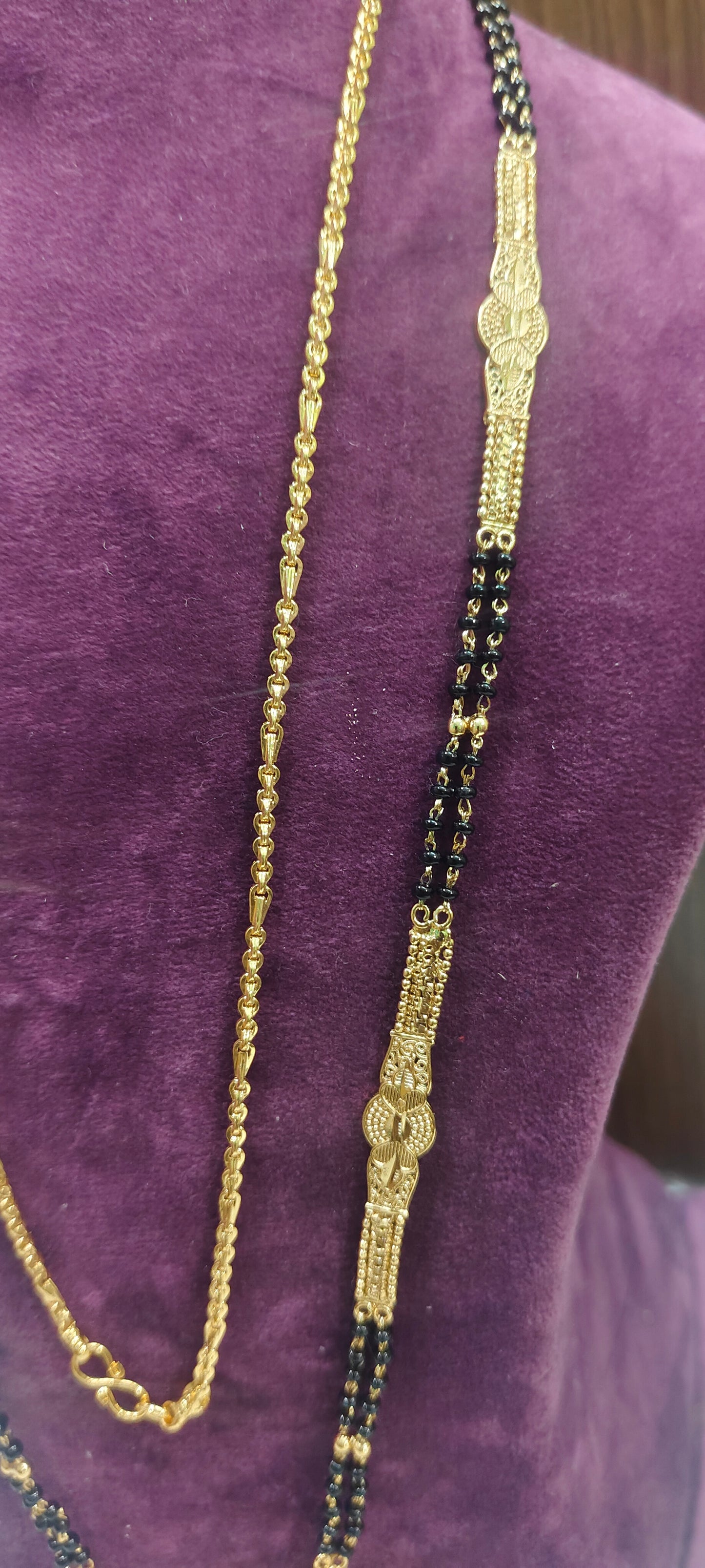 Premium gold look 4 set combo(28" length black beads,24"length thali chain, jumkas,vanki ring)