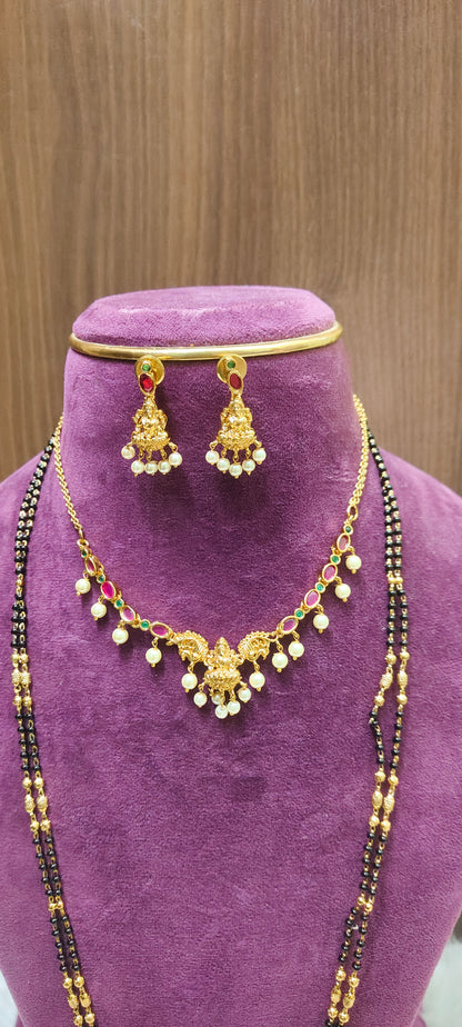Simple gold look necklace set with earrings and black beads with 28" length combo
