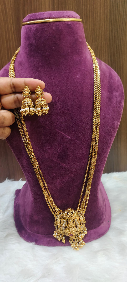 Premium nakshi 32 " length 5 line pendant chandaraharam with jumkas