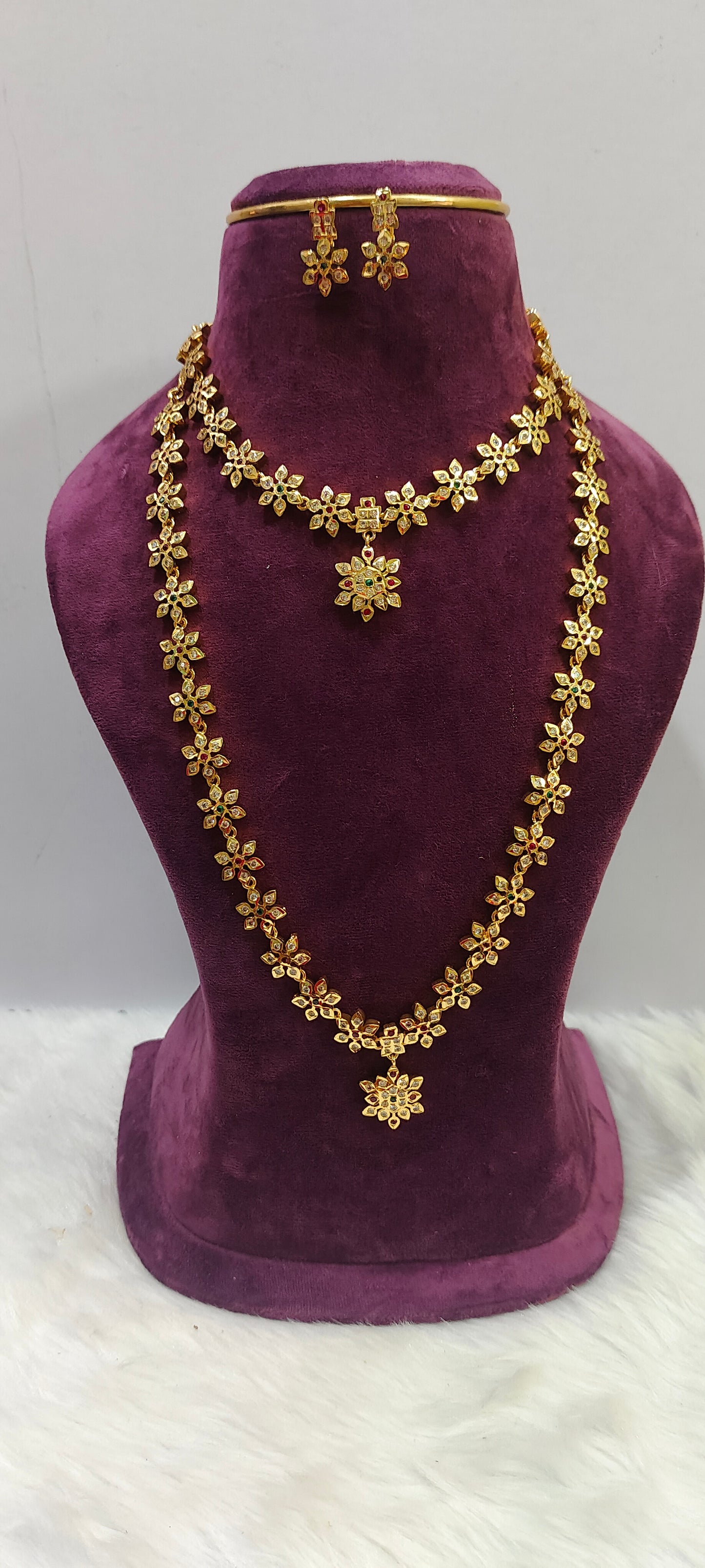 Pure panchaloham trendy necklace and long haram combo set with push back earrings