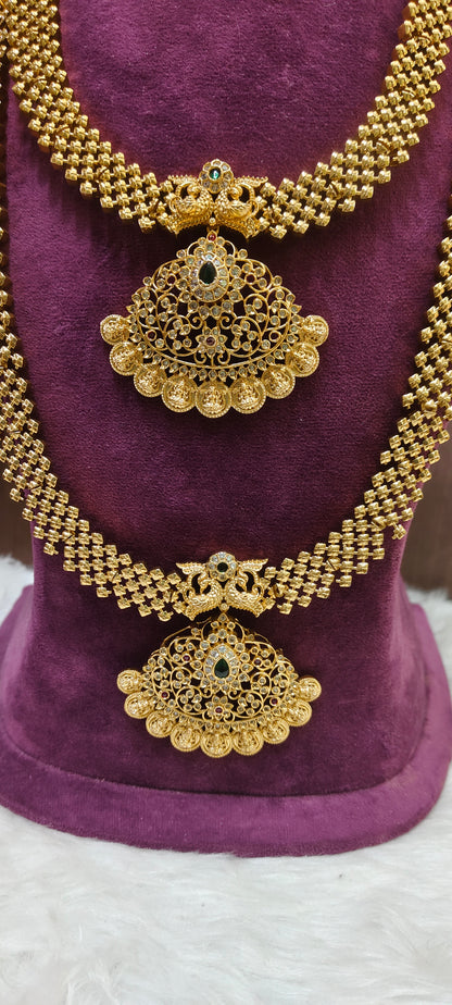 Premium gold look necklace long haram earrings and mangtika combo set