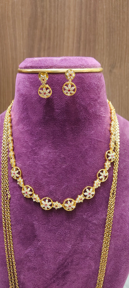 Premium simple necklace set and 30"length 3 line chandraharam combo