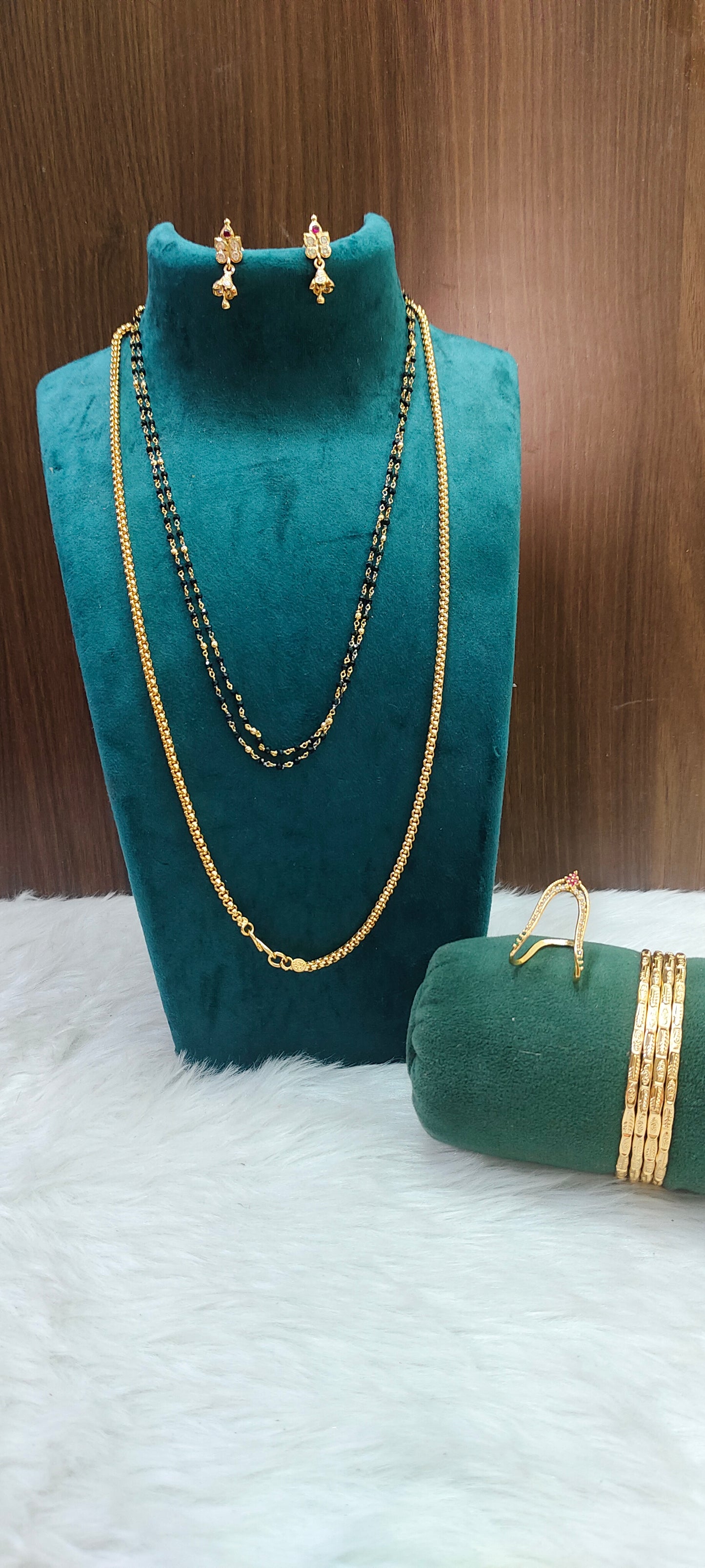 Premium micro gold plated daily wear 5 set combo (26" length thali chain,vanki ring, 4bangles, panchaloham earrings,18" length black beads)